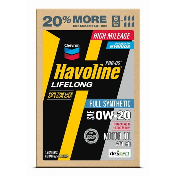 Chevron Havoline Lifelong 0W-20 Full Synthetic Motor Oil, 6 Quarts (Smart Change Box)