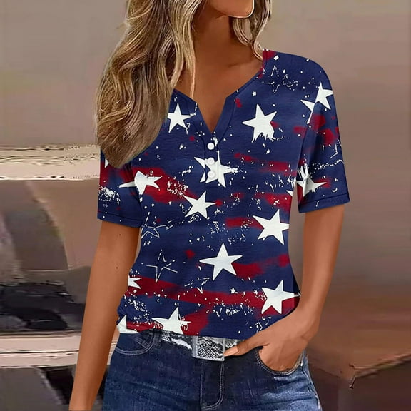 VKOYWKM Womens Tops July 4th T Shirt Red White and Blue Print T Shirts Short Sleeve Casual Summer Top Patriotic Button V Neck Independence Day T-Shirts