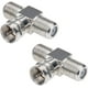 thumbnail image 1 of Divisor de cable coaxial, divisor de TV 2 en 1 salida, paquete de 2 F tipo RG6 macho a 2 F hembra Divisor de cable de 3 vías Adaptador de conector coaxial T para video VCR Antena Cable Satélite, 1 of 5
