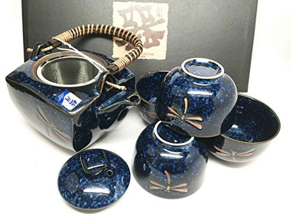 Made In Japan Tombo Dragonfly Blue Glazed Ceramic Tea Pot and Cups