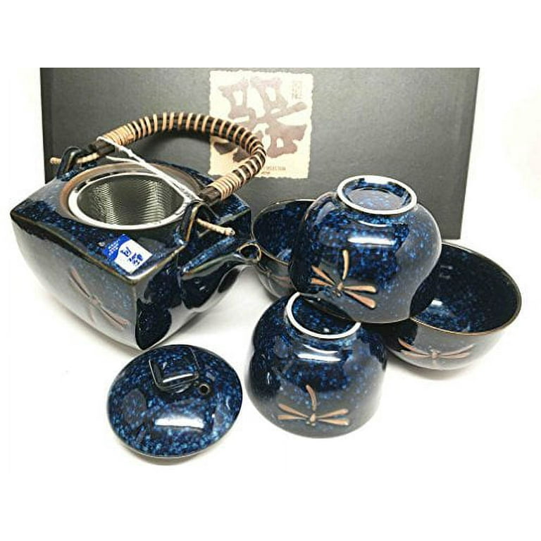 Made In Japan Tombo Dragonfly Blue Glazed Ceramic Tea Pot and Cups