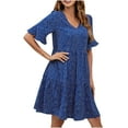 thumbnail image 2 of Puntoco Vestido De Manga Corta Con Cuello En V, Nuevo Vestido De Manga Corta Con Cuello En V Y Estampado De Trompeta Para Mujer Azul M, 2 of 5