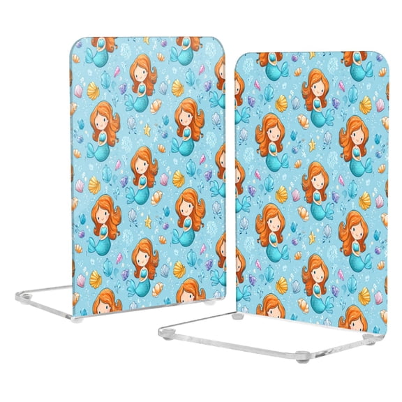 2Pack Acrylic Bookends Clear L-Shaped Book Holders with Non-Slip Pads Sturdy Durable Book Stoppers for Shelves, Office, School, Library, Home Desk Decor Little Mermaids and Seashells