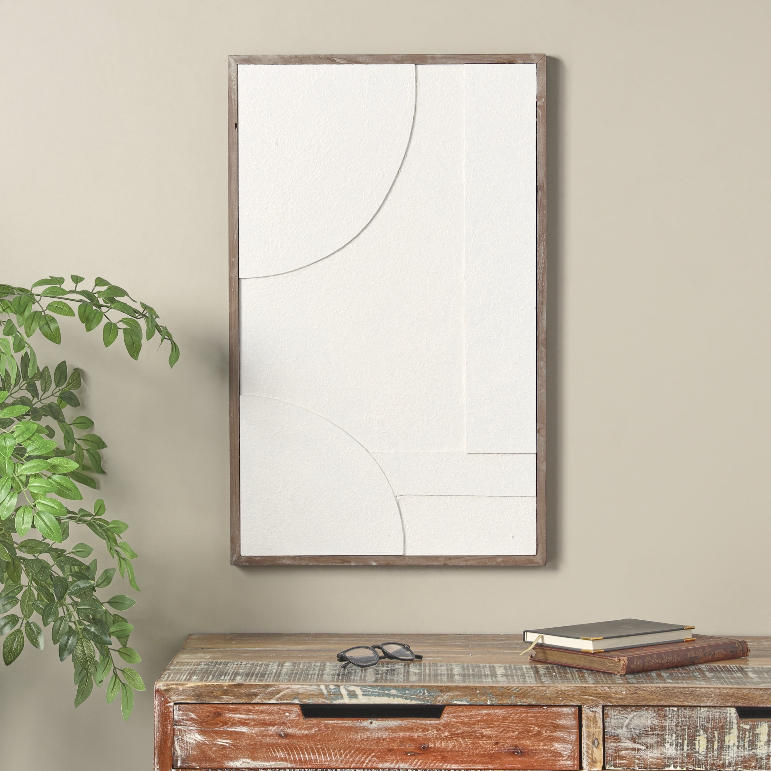 DecMode White Wood Geometric Textured Dimensional Shape Home Framed Wall Art with Brown Wooden Frame, 20" x 1" x 32"
