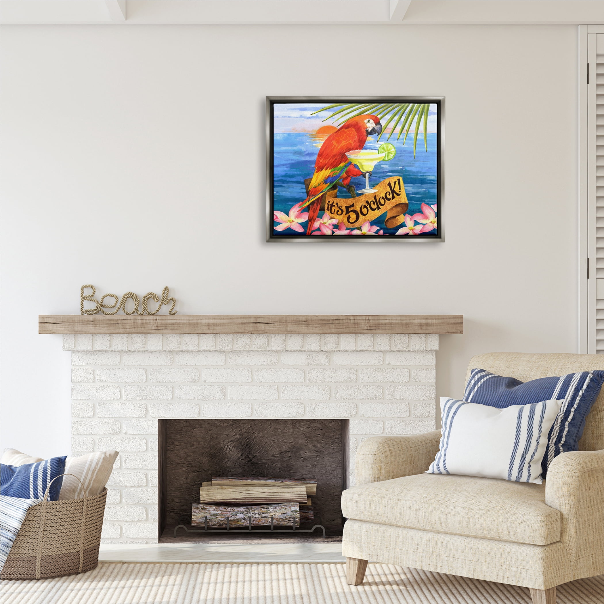 Stupell Industries Tropical Parrot with Cocktail Animals & Insects Painting Gray Floater Framed Art Print Wall Art, 31 x 25