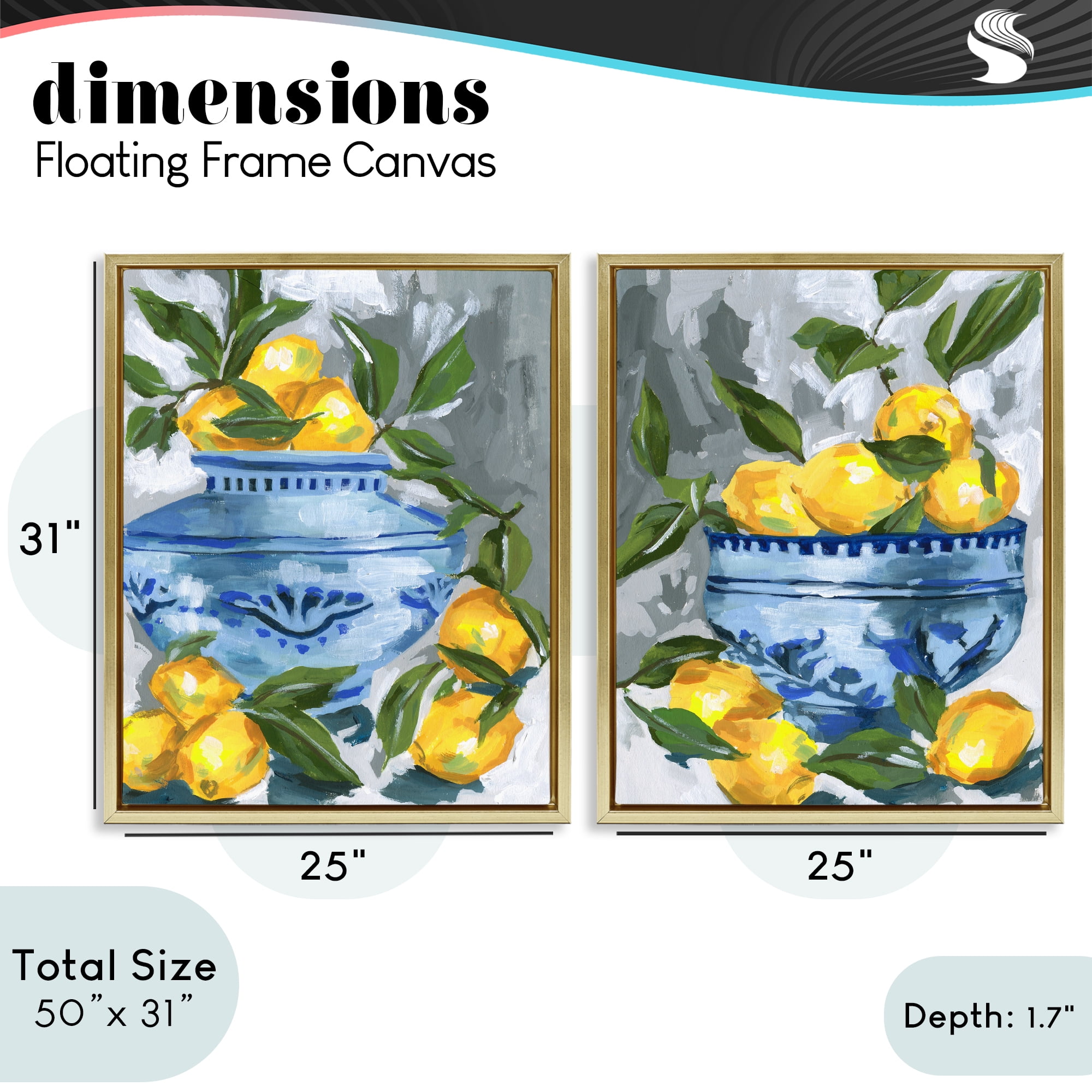 Stupell Industries Indigo & Lemon Citrus Fruits 2 Piece Gold Framed Floater Canvas Set, design by Melissa Wang