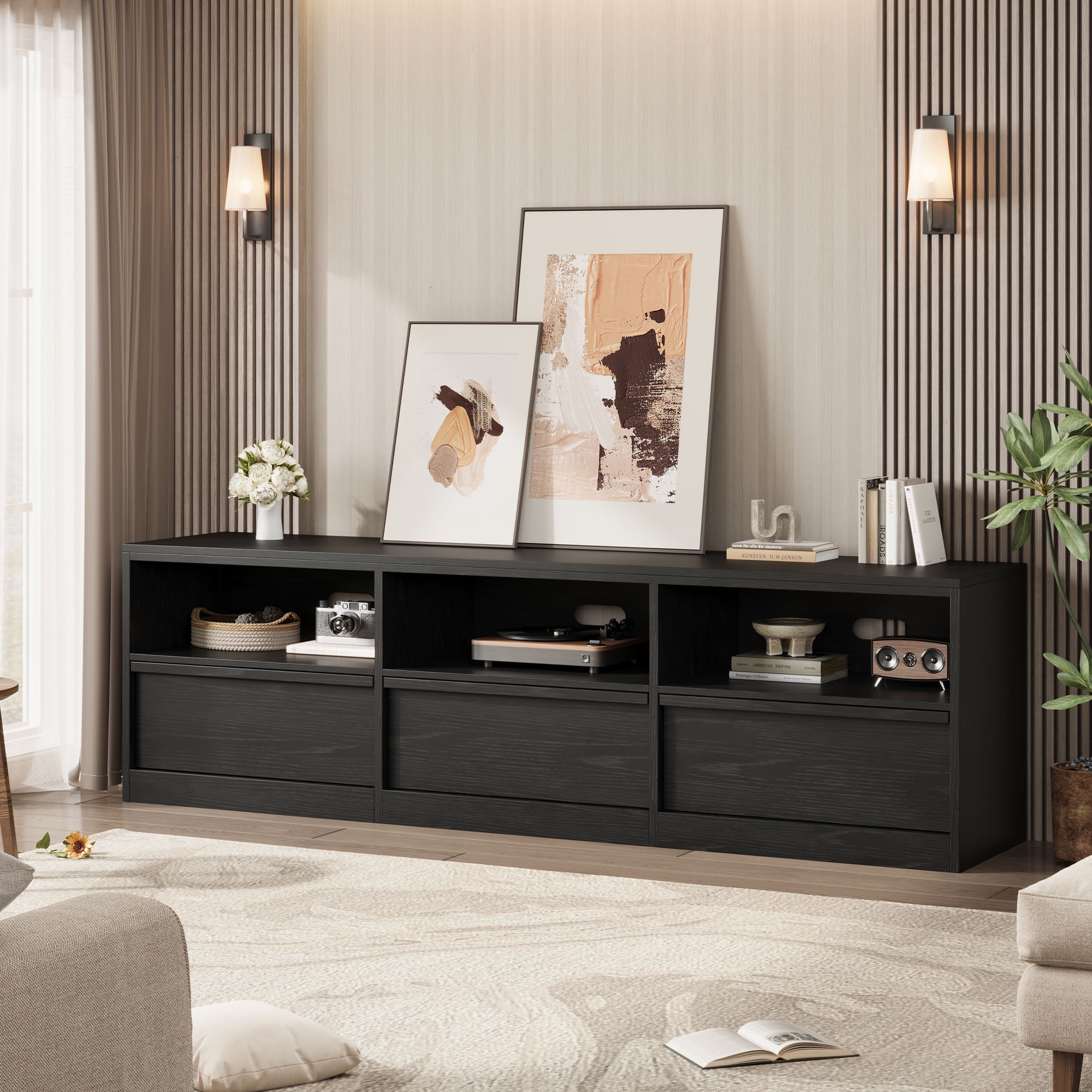 Gaderth  Mid Century Modern TV Stand, Sturdy MDF Media Console, Industrial Entertainment Center with 3 Drawers & Open Shelves for Living Room & Bedroom, Fits 65-80" TVs