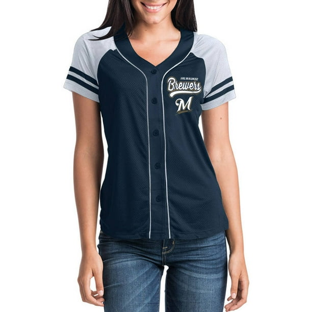 MLB Milwaukee Brewers Women's Short Sleeve Button Down Mesh Jersey