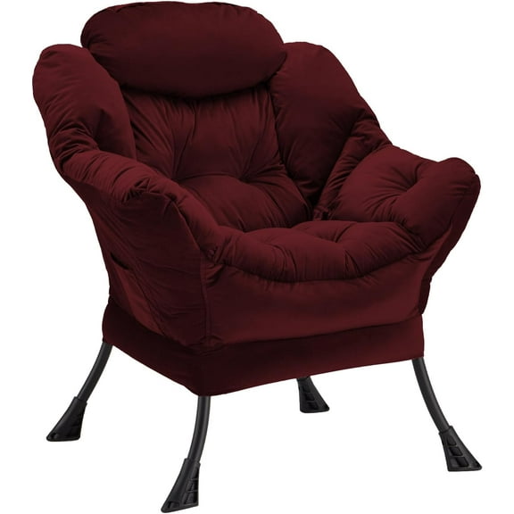 Lazy Chair Thick Padded, Comfy Velvet Accent Lounge Chair with Stable Frame, Leisure Sofa Armchair with Armrests and Side Pocket, Reading Chair for Bedroom, Living Room, Office, Burgundy
