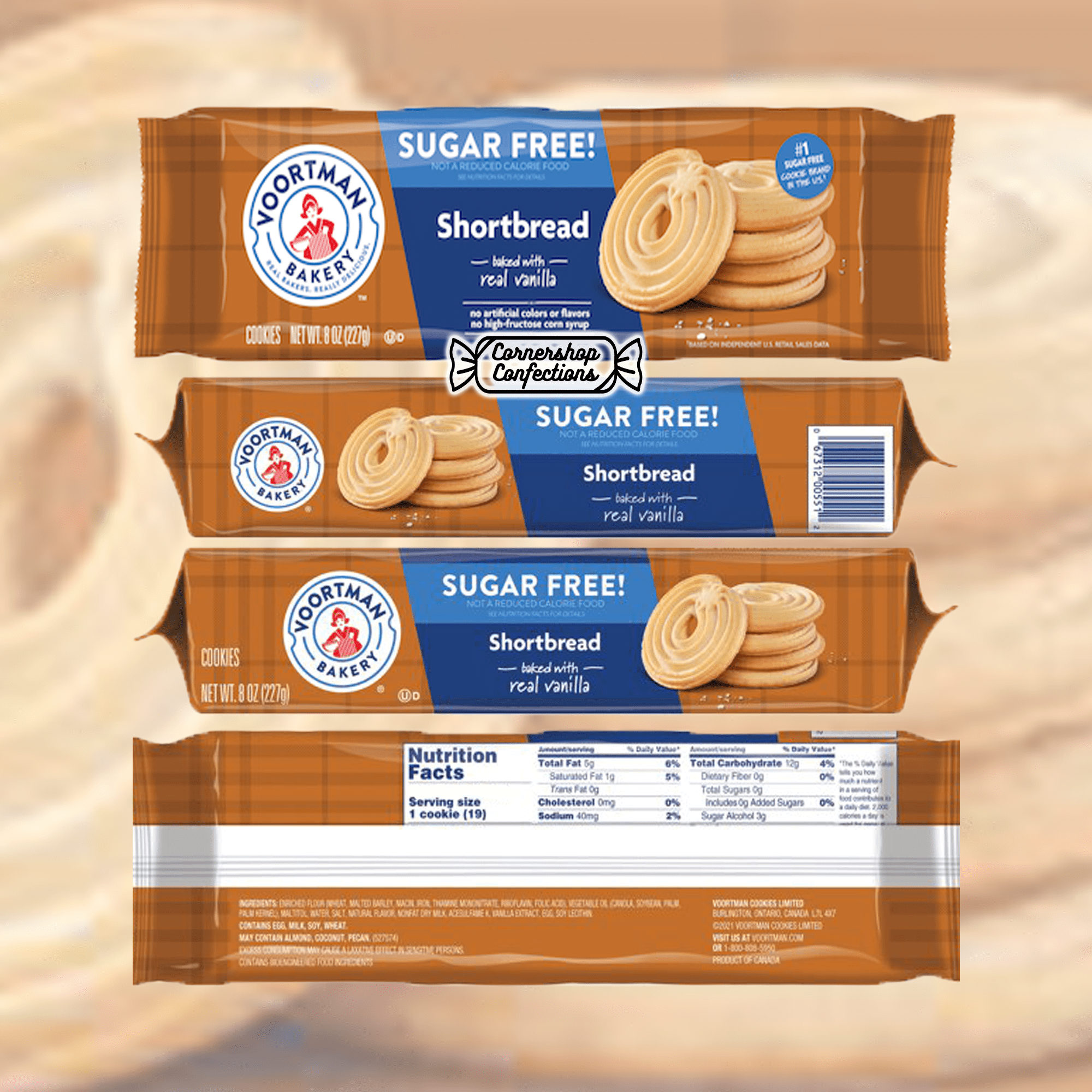 Voortman Sugar Free Shortbread Cookie Bulk Pack - 4 Full Individually Sealed Packs - 48 Total Servings - Holidays, Family Gatherings, Work Desk Snack in Cornershop Confections Pack