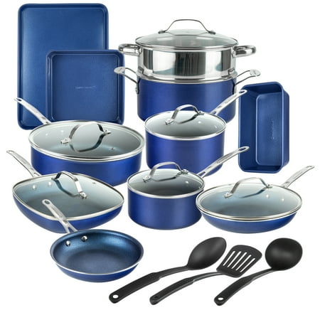 

Granite Stone Pots and Pans Set 20 Piece Complete Cookware + Bakeware Set Non-stick Dishwasher Safe Oven Safe Blue