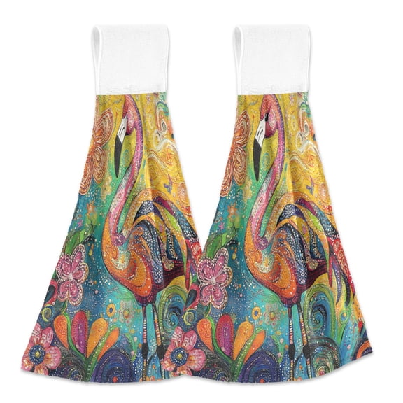 BZSMCE Hanging Hand Towels Fashion Dancing Flamingo in Vibrant Bliss Pattern 2-Pack - Velcro Style Bathroom Kitchen Towels