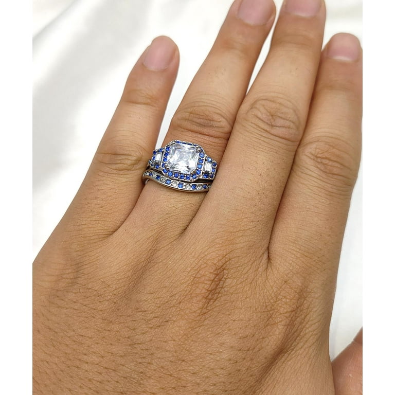 Matching Rings White Gold Plated Couple Rings Blue CZ Wedding Ring