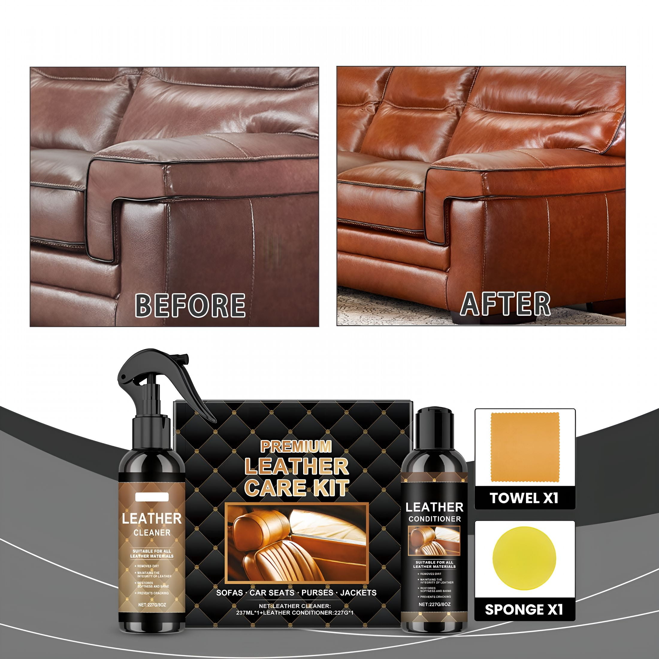 RAGUPEL Complete Leather Care Kit: 8Oz Cleaner, 8Oz Conditioner, Sponge and Towel, Non-Toxic Leather Care, Restore Couches, Car Seats and Interior, Jackets, Shoes and Bags, for Any Color