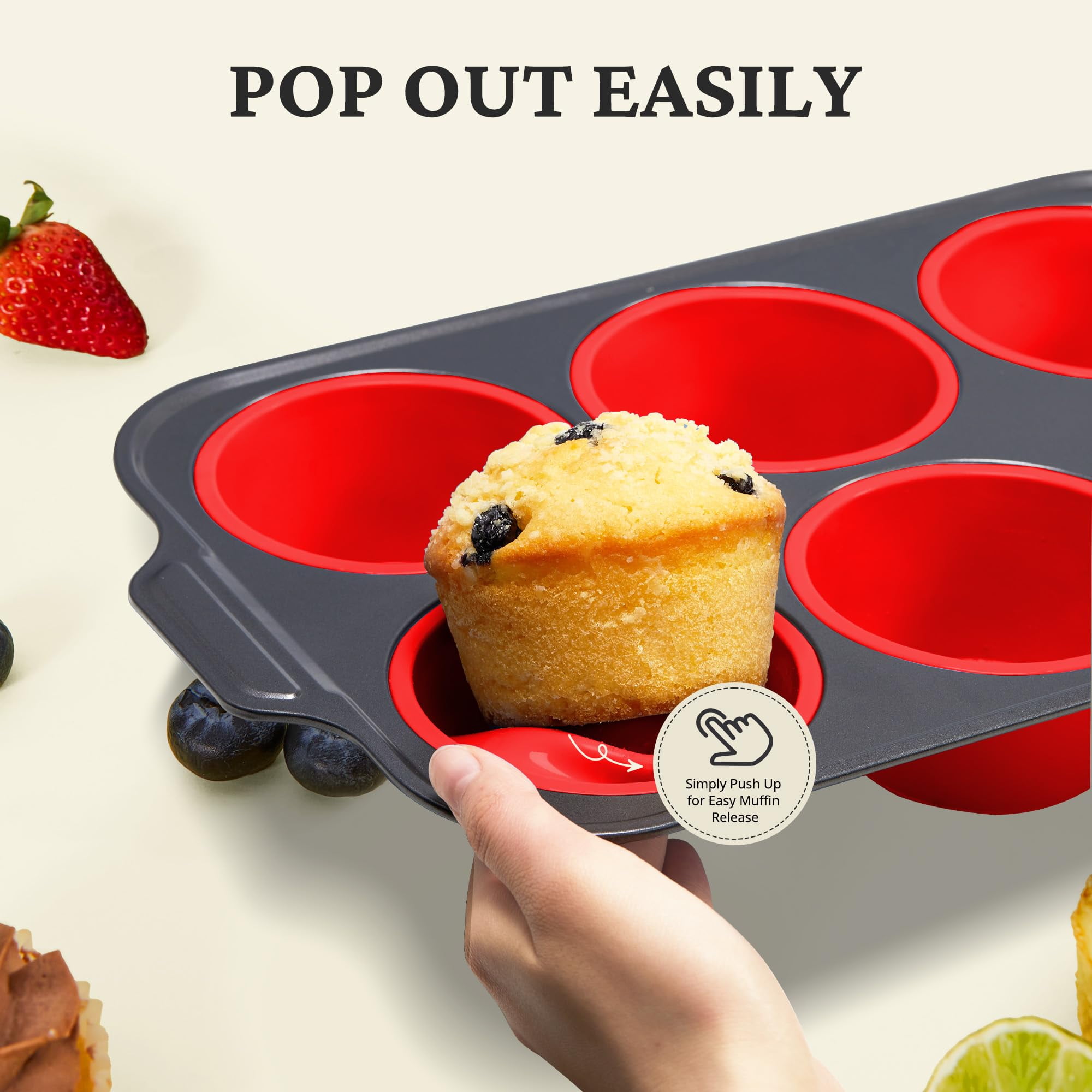 HONGBAKE Jumbo Silicone Muffin Pan with Metal Frame, 3.5" Large Muffin Tins, Non-Toxic Food Grade Silicone, Non-Stick for Egg Bites & Big Cupcakes, Oven Safe, Red