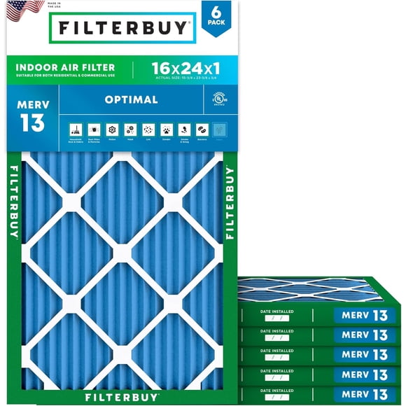 Filterbuy 16x24x1 MERV 13 (MPR 1900) Health Defense, Pleated HVAC AC Furnace Air Filters (6-Pack)
