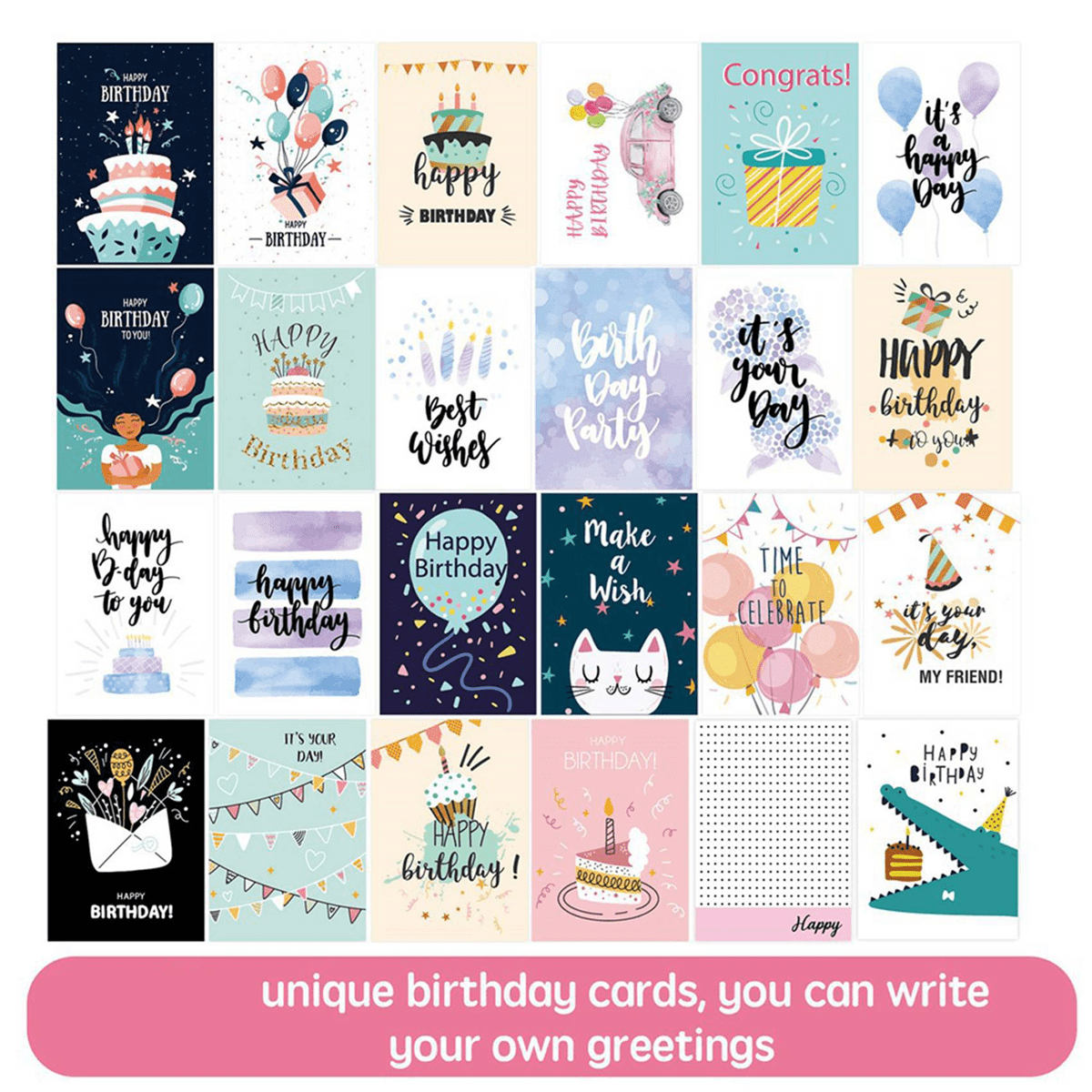100Pcs Uniqe Birthday Cards with Envelopes and Stickers,Greeting Cards Birthday Cards Pack, Birthday Card Pack for Kids