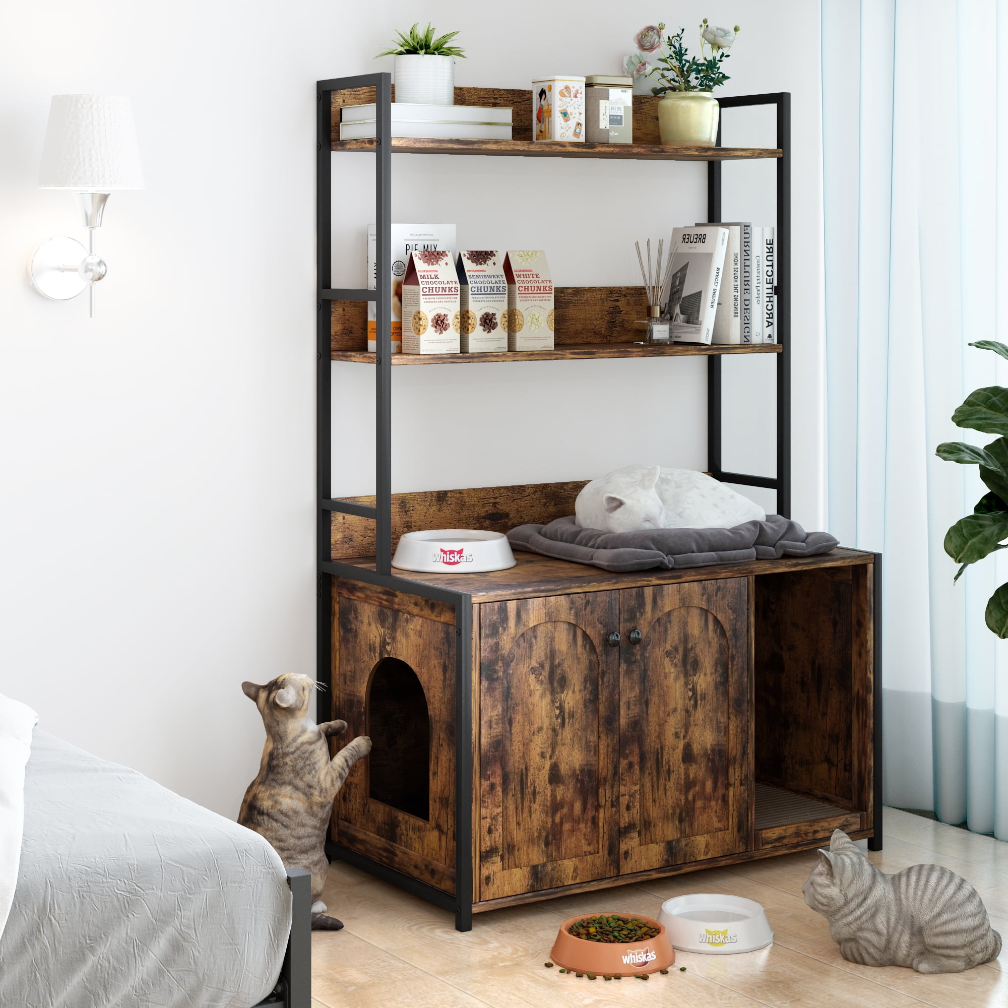 Pefilos 52" Large Wood Cat Litter Box Enclosure, Hidden Cat House Washroom Furniture with Shelf Storage Rack, Scratch Pad, Brown Pefilos 52" Large Wood Cat Litter Box Enclosure, Hidden Cat House Washroom Furniture with Shelf Storage Rack, Scratch Pad, Brown