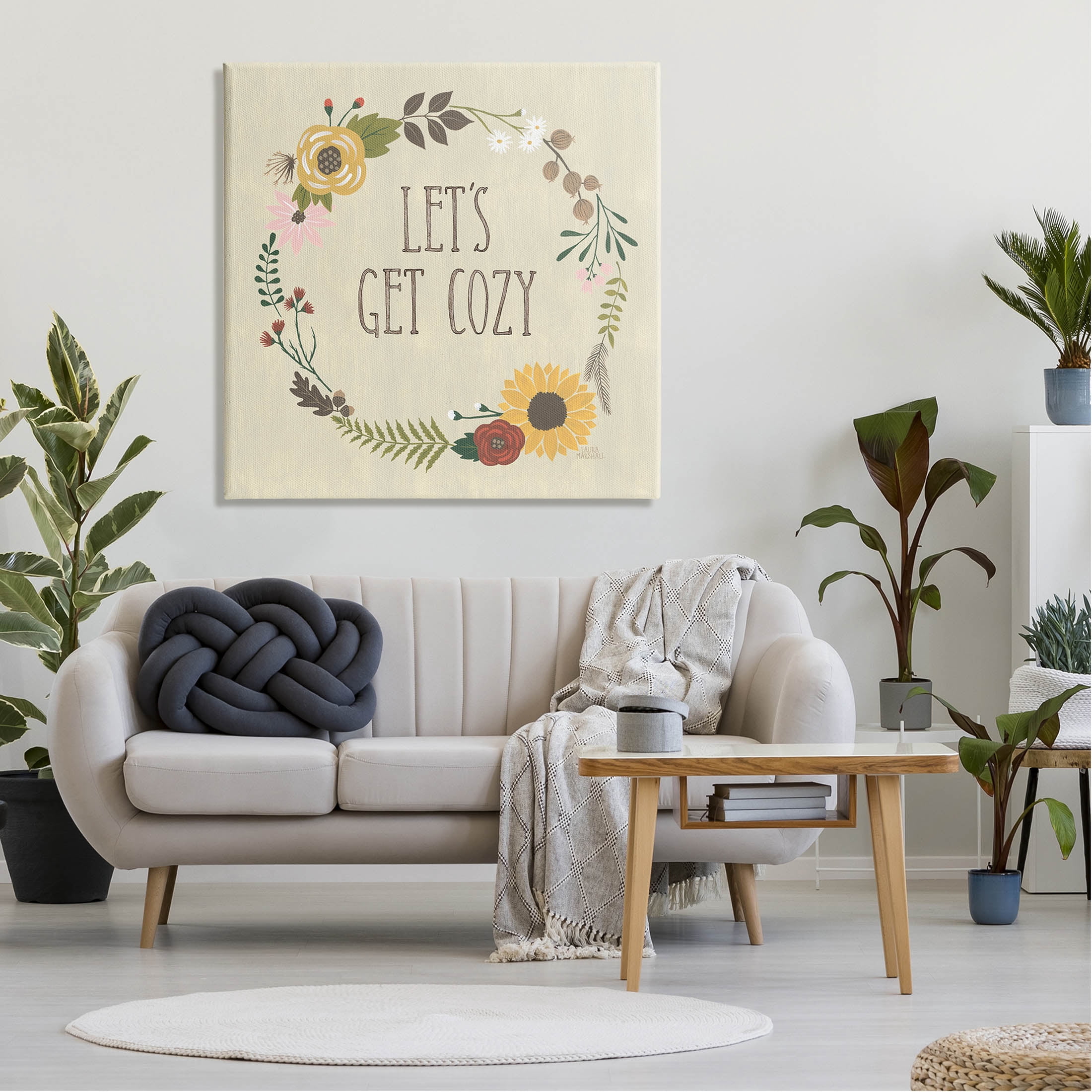 Stupell Industries Let's Get Cozy Floral Wreath Graphic Art Gallery Wrapped Canvas Print Wall Art, Design by Laura Marshall