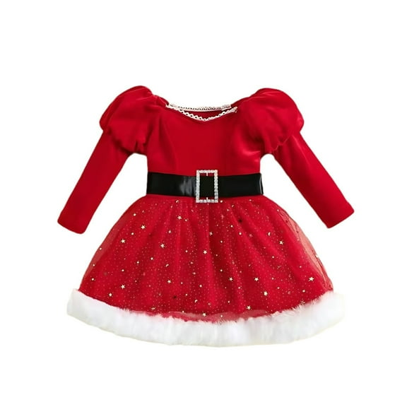Zwiiyzr Toddler Girls Christmas Tulle Dresses Velvet Puff Sleeve Santa Claus Red Princess Tutu Dress Furry Trim Dress with Headband 1-5T Red