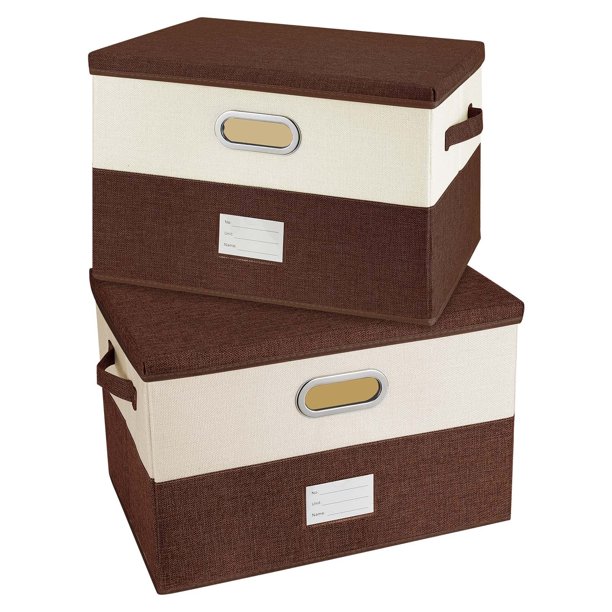 Valease Contenedores de almacenamiento plegables de tela de lino con tapa extraíble y asas, caja de almacenamiento lavable, organizador, cestas, cubo con cubierta para dormitorio, oficina (café y crem