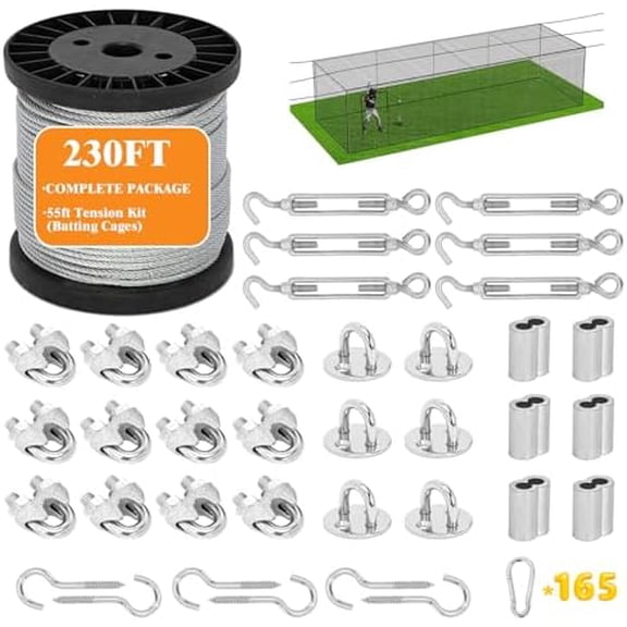 230FT Batting Cage Cable Kit for 55FT, 5mm Stainless Steel Batting Cage Netting Wire Tension Hanging Kit for DIY Baseball and Softball Hitting Tunnels$$Sport & Recreation Other