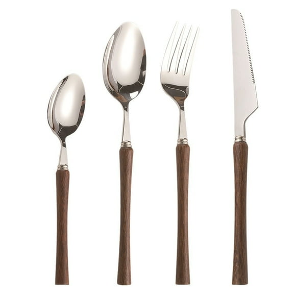 4pcs Wood Stainless Steel Flatware Silverware Cutlery Set Include Knife Fork Spoon Teaspoon Cake Fork Service for 4 Utensil Set with Wooden