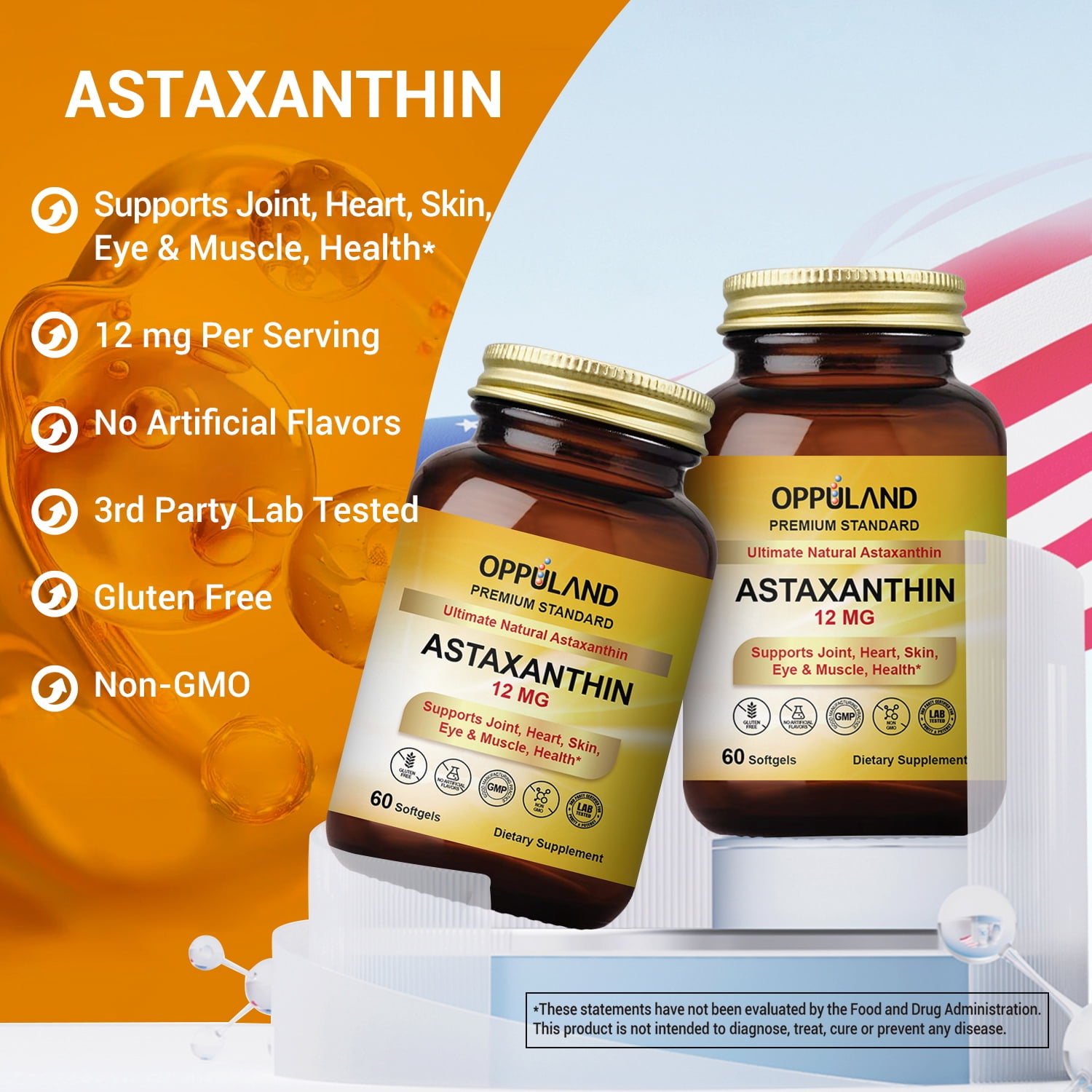 Oppuland Astaxanthin 12MG Vitamins NON-GMO, Gluten Free - No Artificial flavors 60 Soft Gel | Supporting Joint, Heart, Skin, Eye & Muscle Health