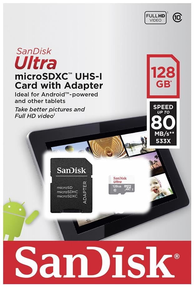 SanDisk 128GB Ultra 80MB/s Class 10 Micro SD SDXC Speicherkarte SDSQUNS-128 