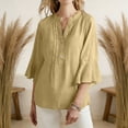 thumbnail image 2 of Lenpel Women's Tops Bell Ruffle 3/4 Length Sleeve V Neck Quarter Button Pleated T-Shirts Loose Tunic Blouses Dressy Casual Tees, 2 of 7
