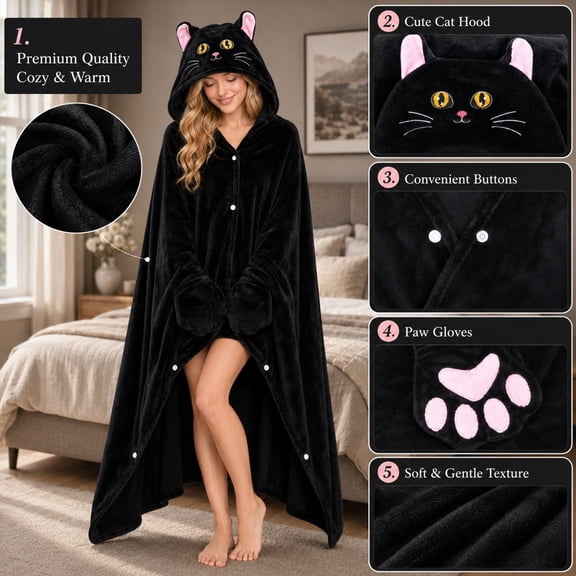 Wearable Blanket Hoodie with Sleeves, Black Cat Oversized Warm Flannel Blanket with Sleeves Hoodie Gift for Mom, Girlfriend, Wife, Friend, Sister - Perfect for Christmas