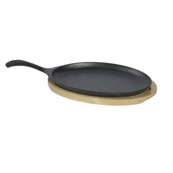 Tabletops Basic Essentials Pre Seasoned Cast Iron Cookware, 2 Piece 9.5" Oval Fajita Set (Wood Trivet)