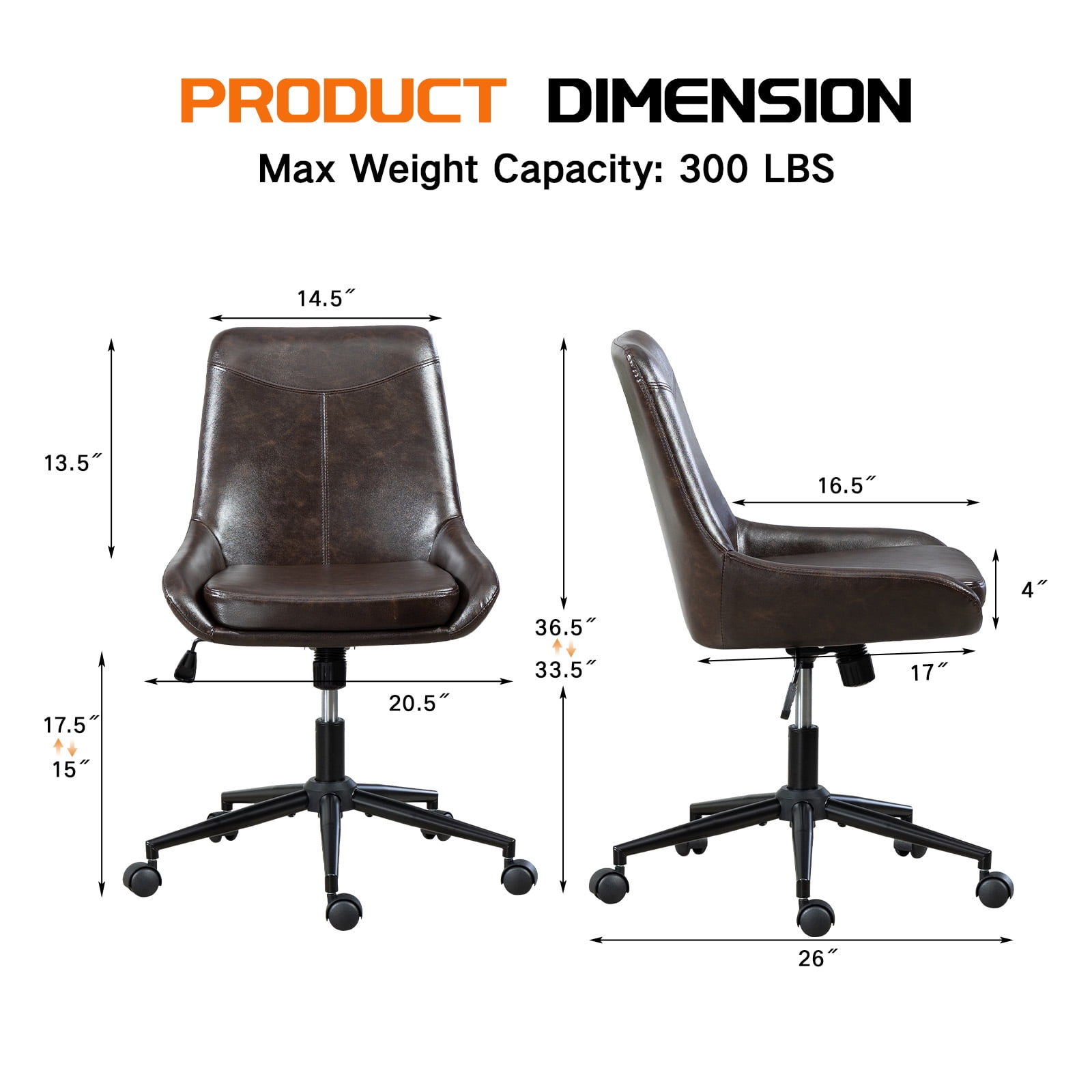 Faux Leather Home Office Task Chair, Armless Office Chair With Wheels, Swivel Adjustable Seat Height Desk Chair with Rocking Function for Living Room or Study, Black Brown