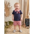thumbnail image 6 of BemeyourBBs Toddler Baby Boy Back to School Outfit Kids Kindergarten Outfits Little Baby Boy Summer Clothes Short Sleeve Apple in Truck Embroidery Collar Shirt Tops with Plaid Pockets Shorts 2Pcs Set, 6 of 9