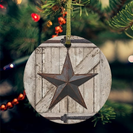Texas Star Vintage Ceramic Ornaments Brown Khaki Wooden Retro Art Round Porcelain Hanging Ornaments with Gold String Xmas Decorations Keepsake Gifts for Holiday Home Party 3