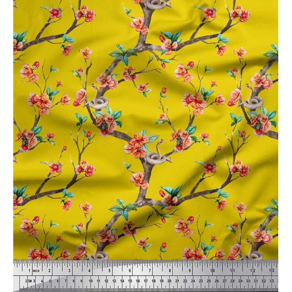 Soimoi polyester Crepe Fabric Snake,Leaves & Blossom Floral Print Fabric by Yard 42 Inch Wide