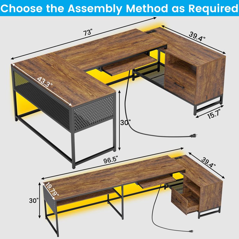 Home Office Computer Desk with File Drawer, LED Strip, Ergonomic L-Sha