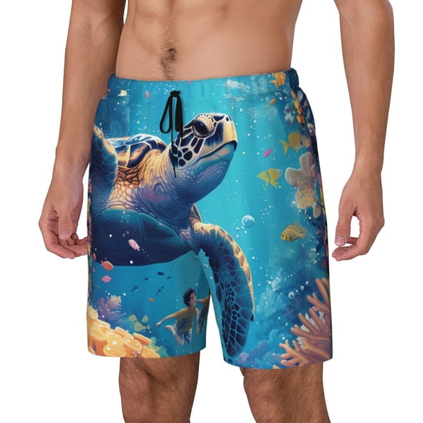 Balery Colorful Underwater Plant Turtle Bañador para hombre, shorts de playa de secado rápido con entrepierna y forro de compresión-Small