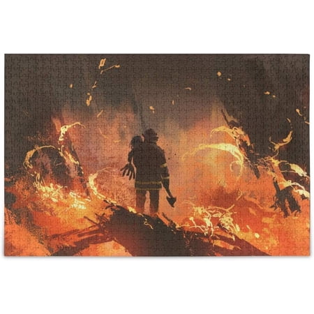 FREEAMG Fireman Firefighter Rescue Girl in Fire Flame Burning Building Art Style Painting Jigsaw Puzzles 500 Pieces Puzzle for Adults Kids DIY Gift