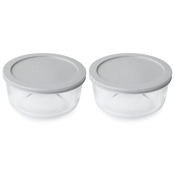 Pyrex (2) 7201 4-Cup Glass Storage Bowls and (2) 7201-PC Jet Gray Plastic Lids