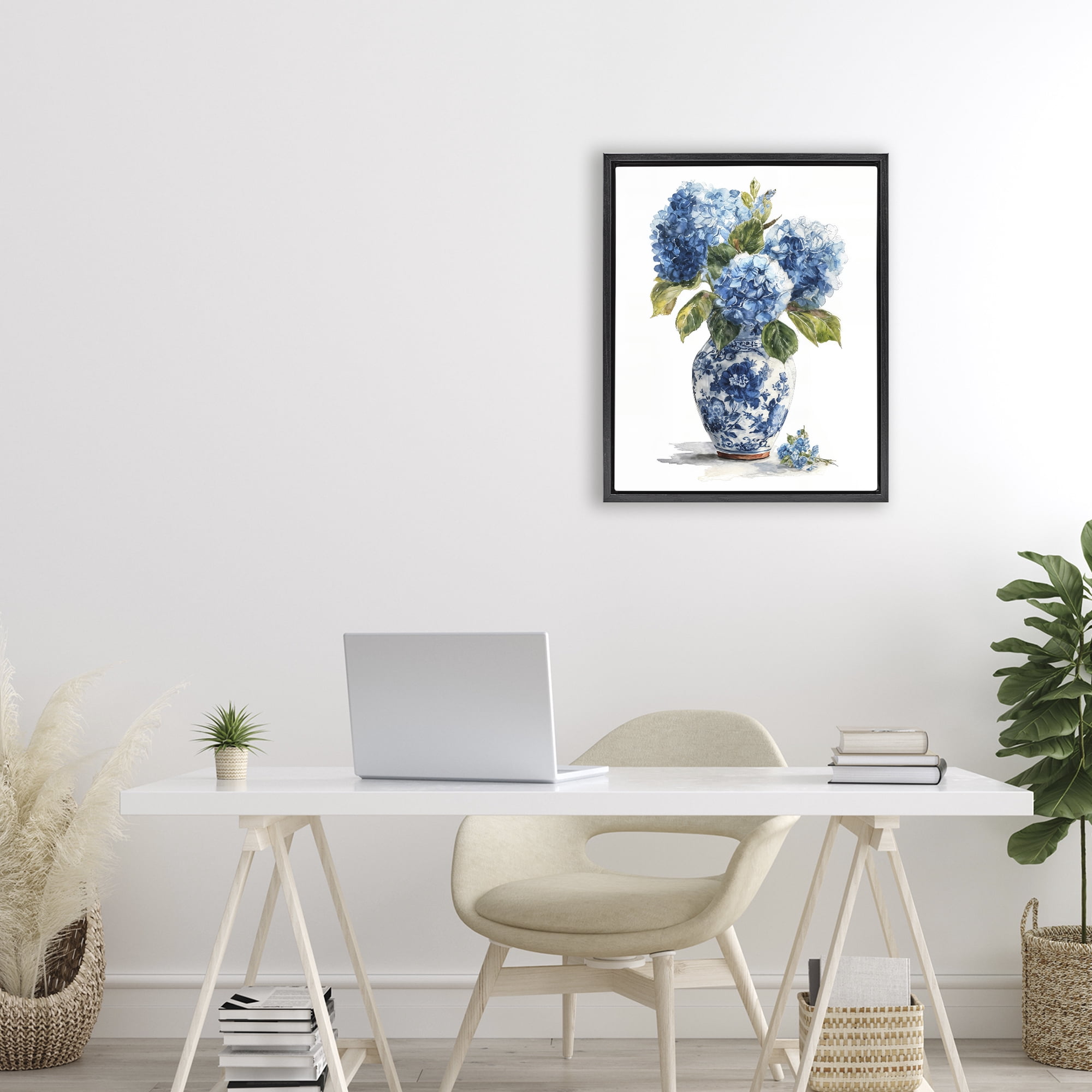 Stupell Industries Porcelain Vase with Hydrangea Bouquet Black Framed Floater Canvas Wall Art, design by Imagine It Images