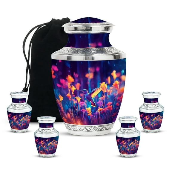 MUKTIVE Hummingbird Funeral Urns for Human Ashes Adult Man - Large 10 Inch Cremation Urns for Adult Ashes Women - Small Keepsake 3 Inch Memorial Urn - Decorative Urn for Burial (1 Large, 4 Keepsake)