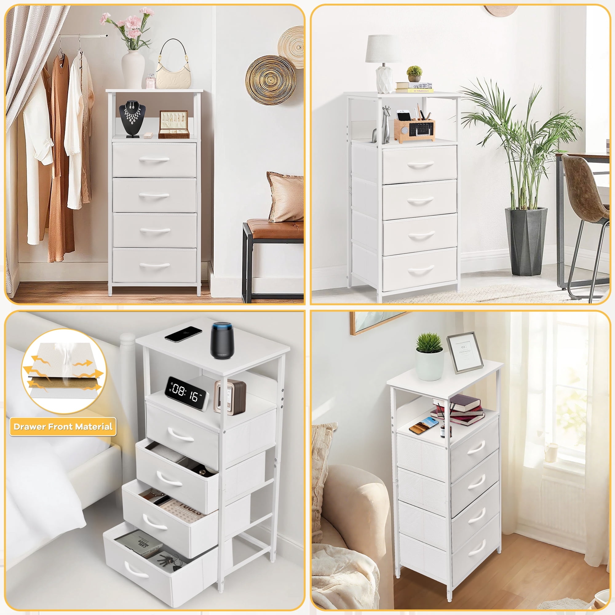 YEEZEE Nightstand,Dresser with 4 Fabric Storage Drawers,Tall Nightstand with Open Wood Shelves,White