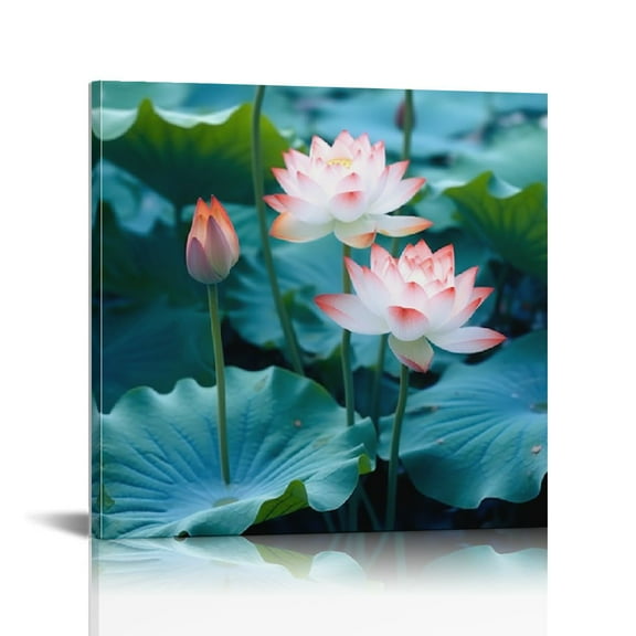 JRXY Blooming Lotus Flower Canvas Wall Art Pink Floral Artwork Picture Giclee Prints Water Lily Painting Home Decor for Bedroom Each Size 16x16inch 12x12 in