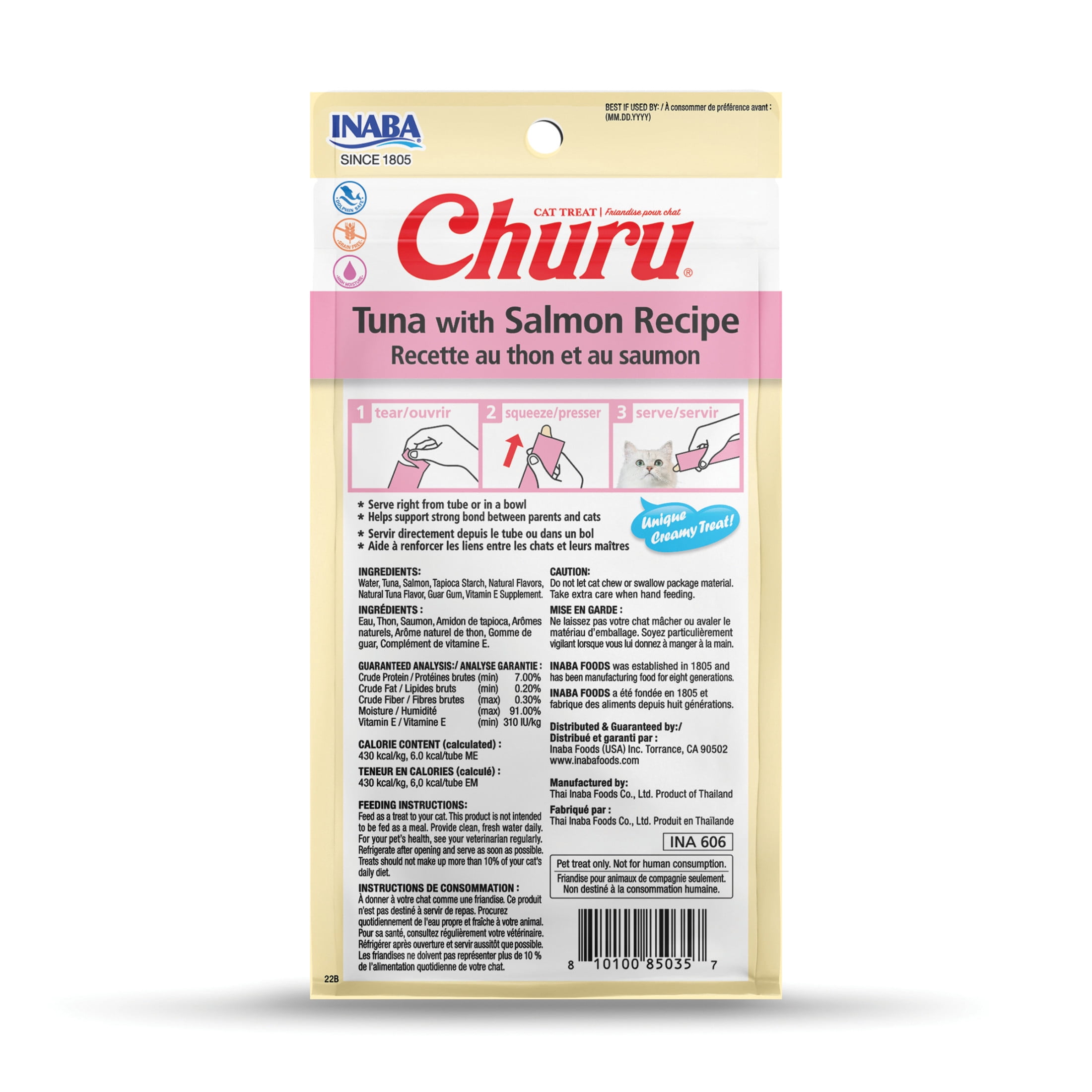 Inaba Churu Creamy, Lickable Purée Cat Treat, 0.5 oz Tube, 32 Tubes, Tuna with Salmon