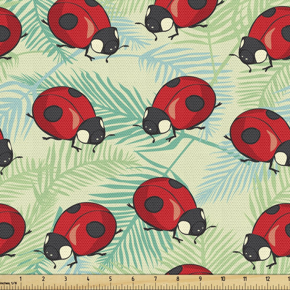 Ladybug Fabric by the Yard, Spring Bugs on Tropical Leaves Exotic and