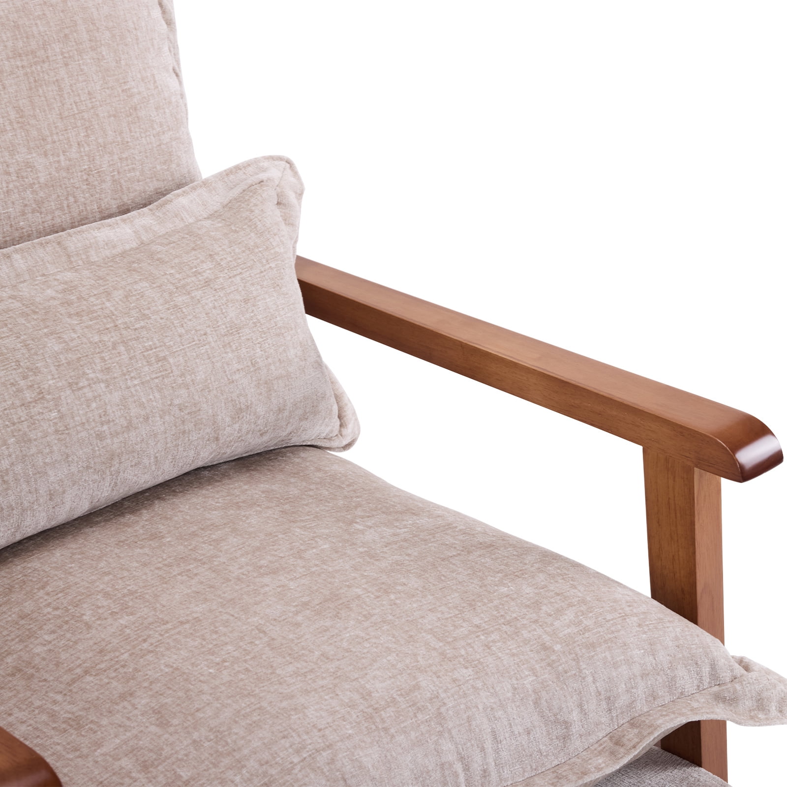 Cloud Shaped Khaki Chenille Accent Chair, Solid Wood Frame with Light Walnut Armrest, Ergonomic Single Leisure Sofa Chair with Lumbar Pillow for Bedroom Living Room Office