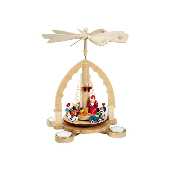 German christmas pyramid Santa giving out X-mas presents, height 27 cm / 11 inch, natural with tealights, original Erzgebirge by Richard Glaesser Seiffen