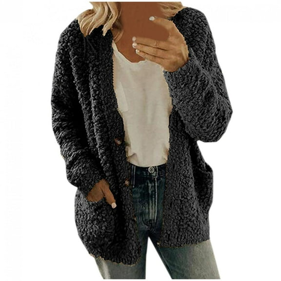 UTTOASFAY Women Casual Plus Size Plush Sweater Pockets Outerwear Buttons Cardigan Coat Black 18(XXXXXL)