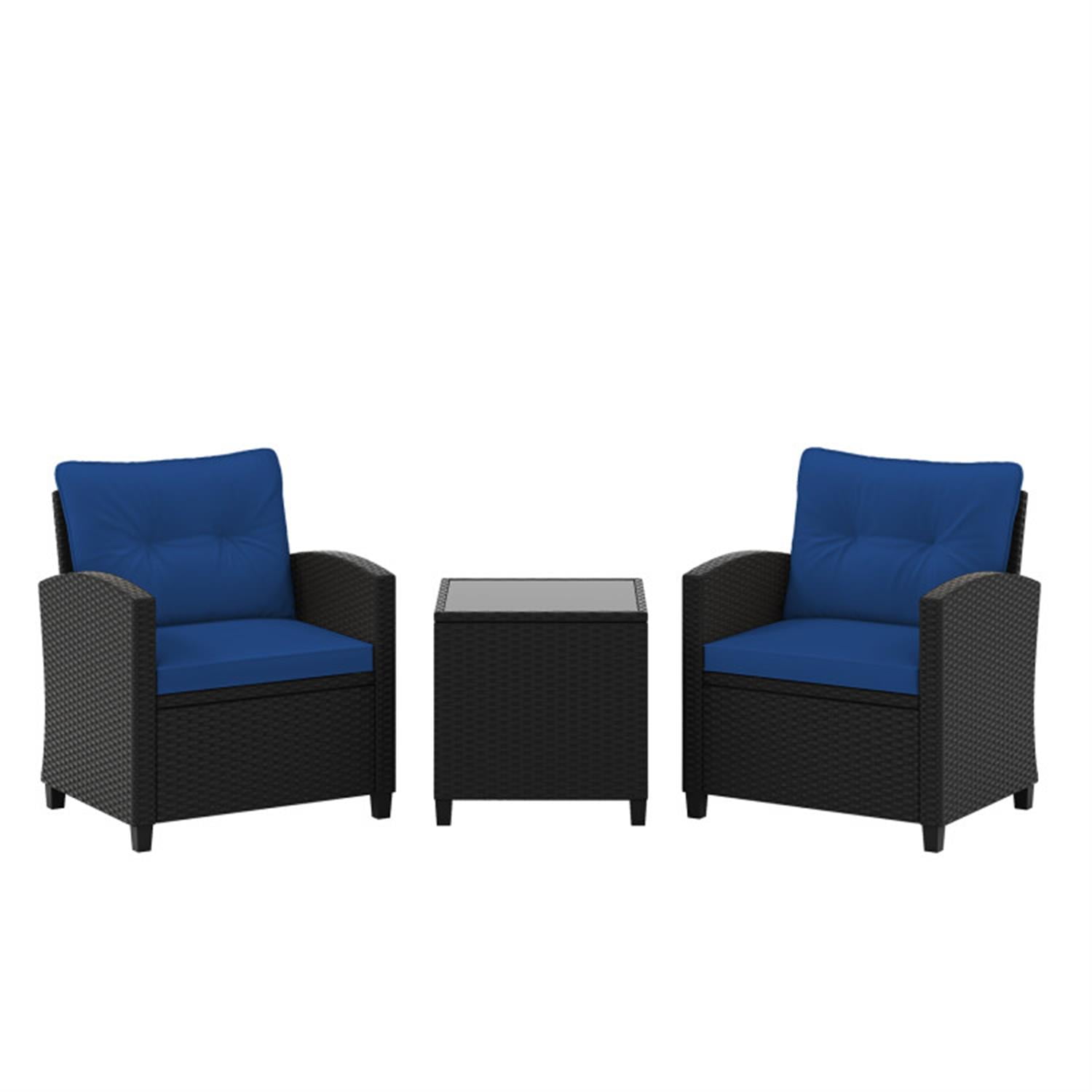 Demi Bonn 3 Pieces Rattan Patio Furniture Set with Washable Cushion, Conversation Armchairs for Garden Poolside Balcony, Navy